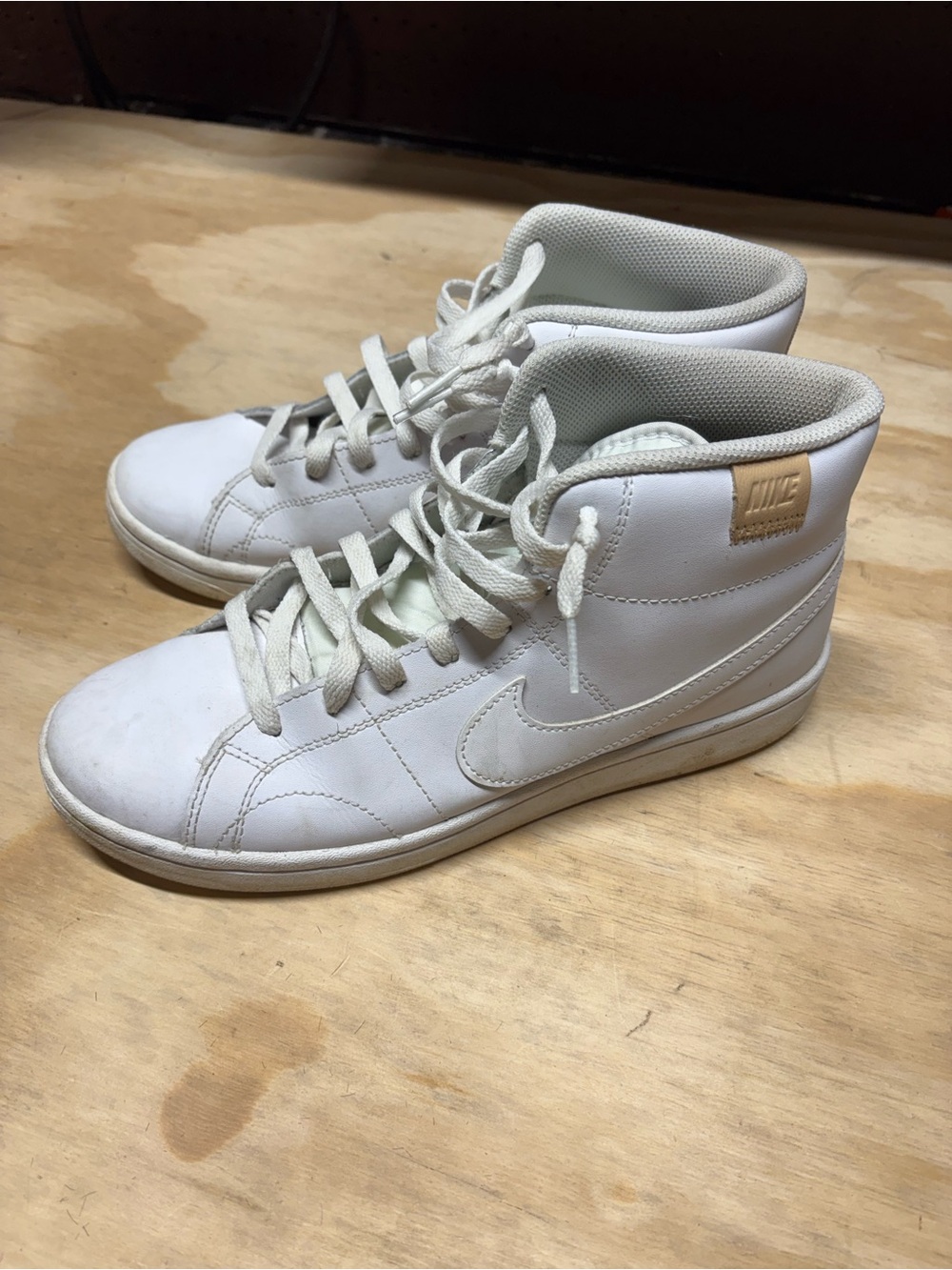 Nike White High-Top Sneakers with Tan Logo Patch. Make an offer!